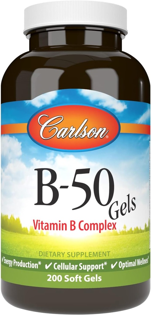 Carlson - B-50 젤, 비타민 B 복합체, 에너지 생산, 세포 지원 & Optimal Wellness, 200 Softgels