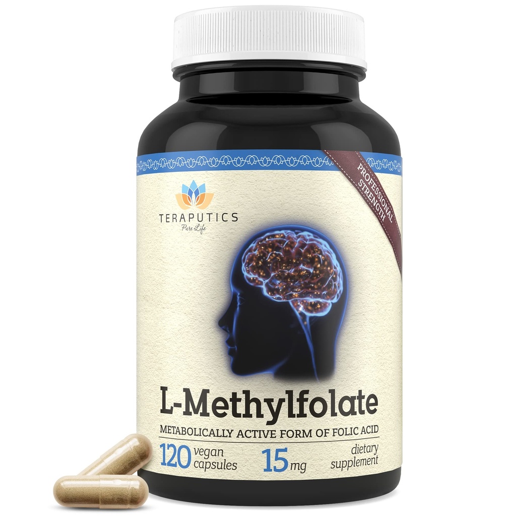 Teraputics L-Methylfolate 15mg | 120 Vegan 캡슐 | 프리미엄 | Mood Homocysteine Methylation를 위한 5-MTHF 활동적인 메틸 Folate 보충교재 – Non-GMO 글루텐 자유로운, 충전물 없음 - Folic 산 두뇌 지원