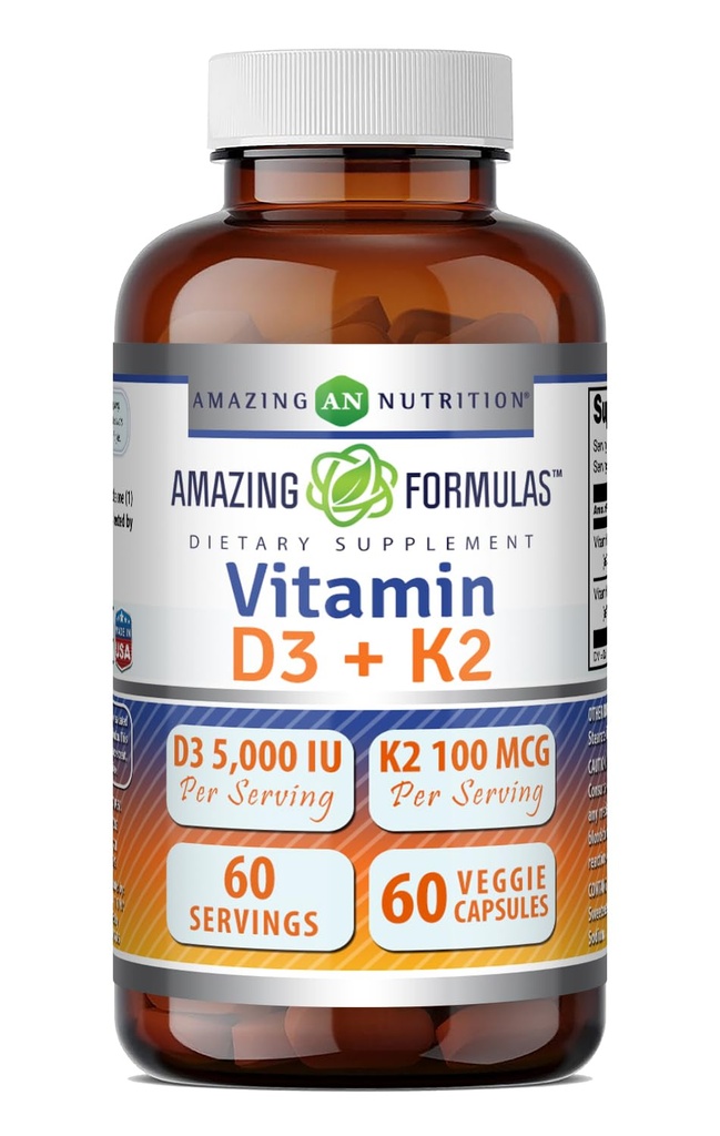 놀라운 수식 비타민 D3 5000 IU 비타민 K2 100 mcg | D3 + K2 복합 보충 | Veggie 캡슐 | Non-GMO | 글루텐 프리 | 미국에서 제작 (60 개)
