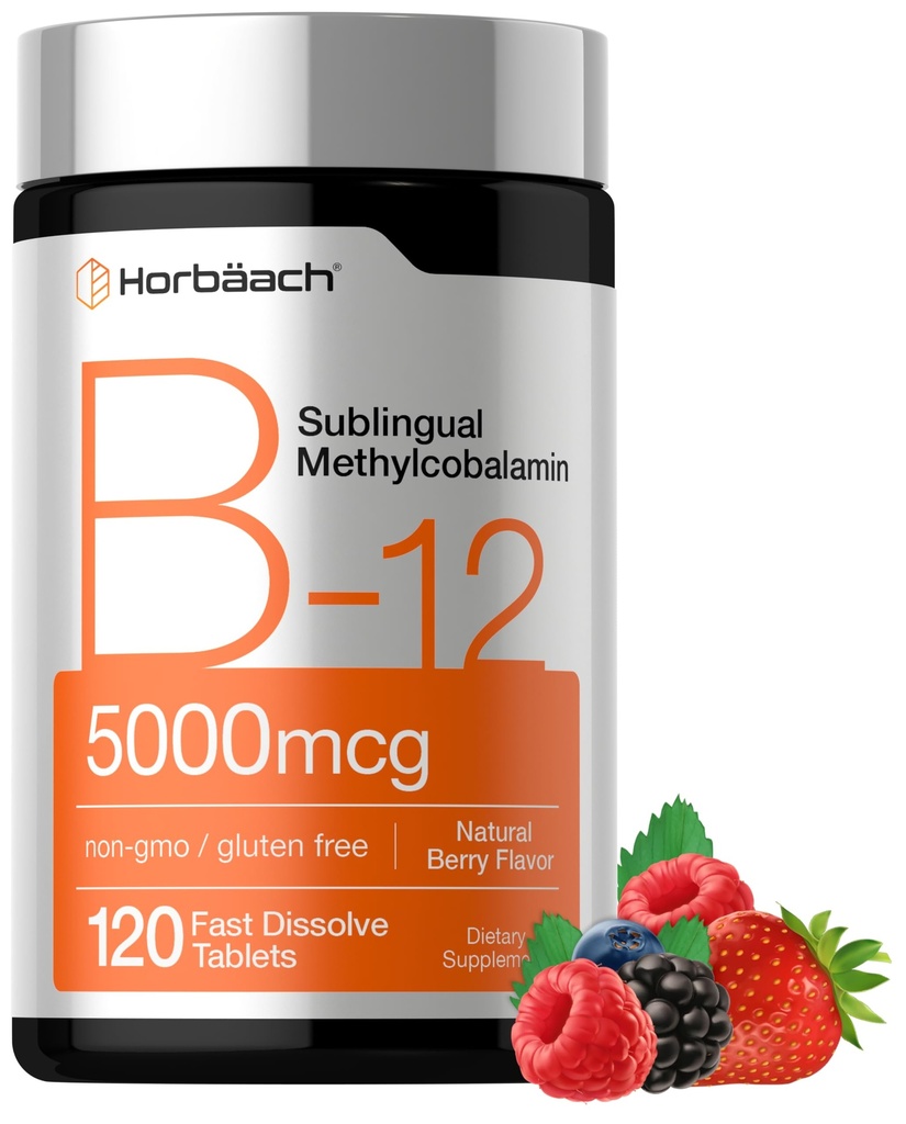 Horbäach B12 비타민 5000 mcg | 120 빠른 용해 정제 | Sublingual Methylcobalamin | 채식주의, 비 GMO 및 글루텐 무료 보충