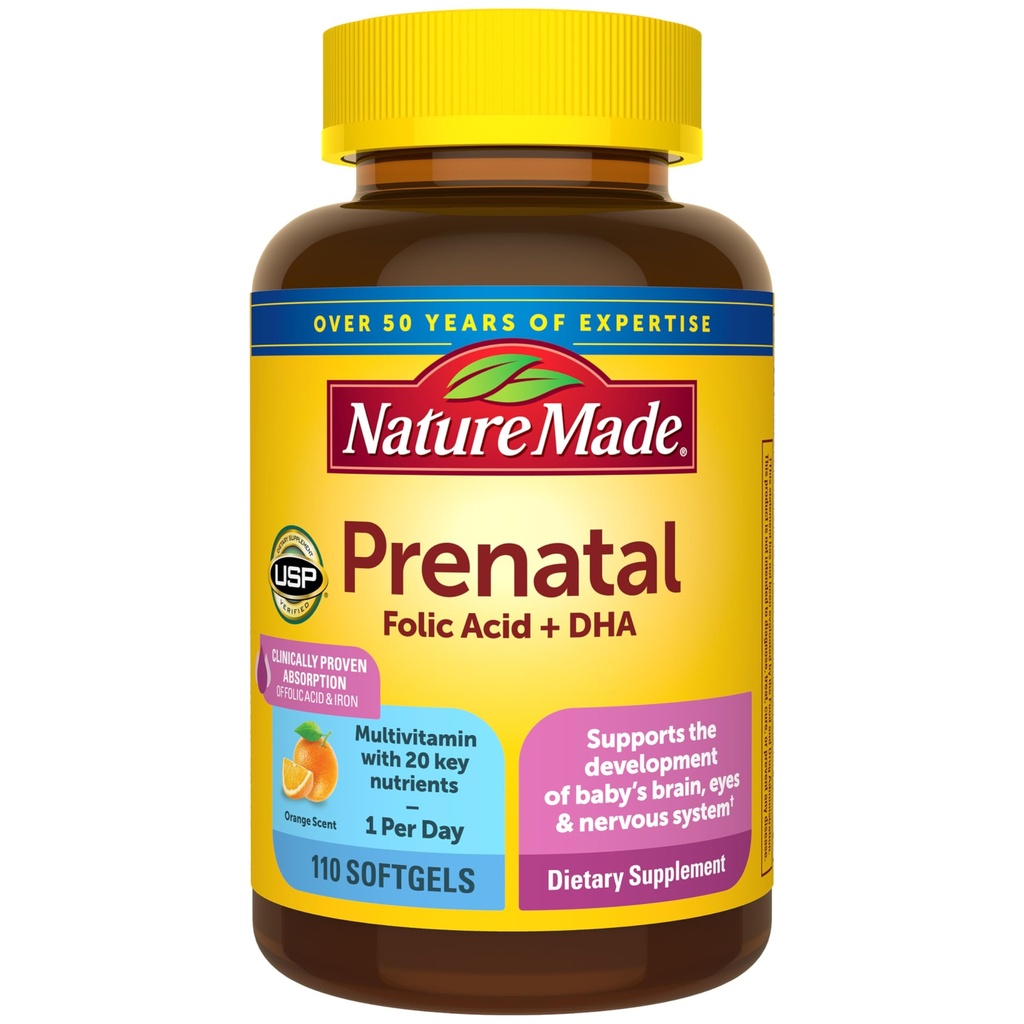 Nature Made Prenatal with Folic Acid + DHA, Prenatal Vitamin and Mineral Supplement for Daily Nutritional Support, 110 Softgels, 110 일 공급