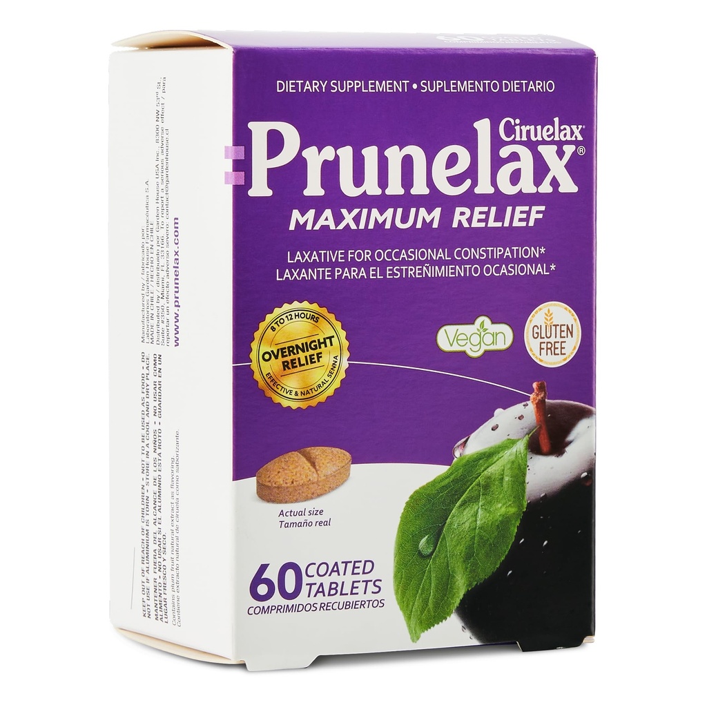 Prunelax Ciruelax Occasional 변비, Senna Extract, Vegan & Gluten-Free, Gentle Overnight Relief - 60ct를 위한 자연적인 Senna를 가진 최대 기복 Laxative 정제