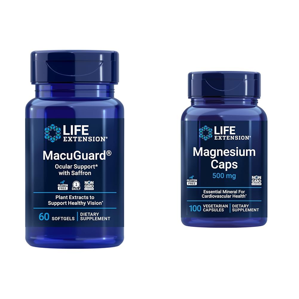 Magnesium 캡슐 500mg - Lutein, Zeaxanthin, Meso-zeaxanthin 및 건강한 시각을 위한 Saffron를 가진 수명 연장 MacuGuard 눈 건강 보충교재 - 60 Softgels와 100 채식 캡슐