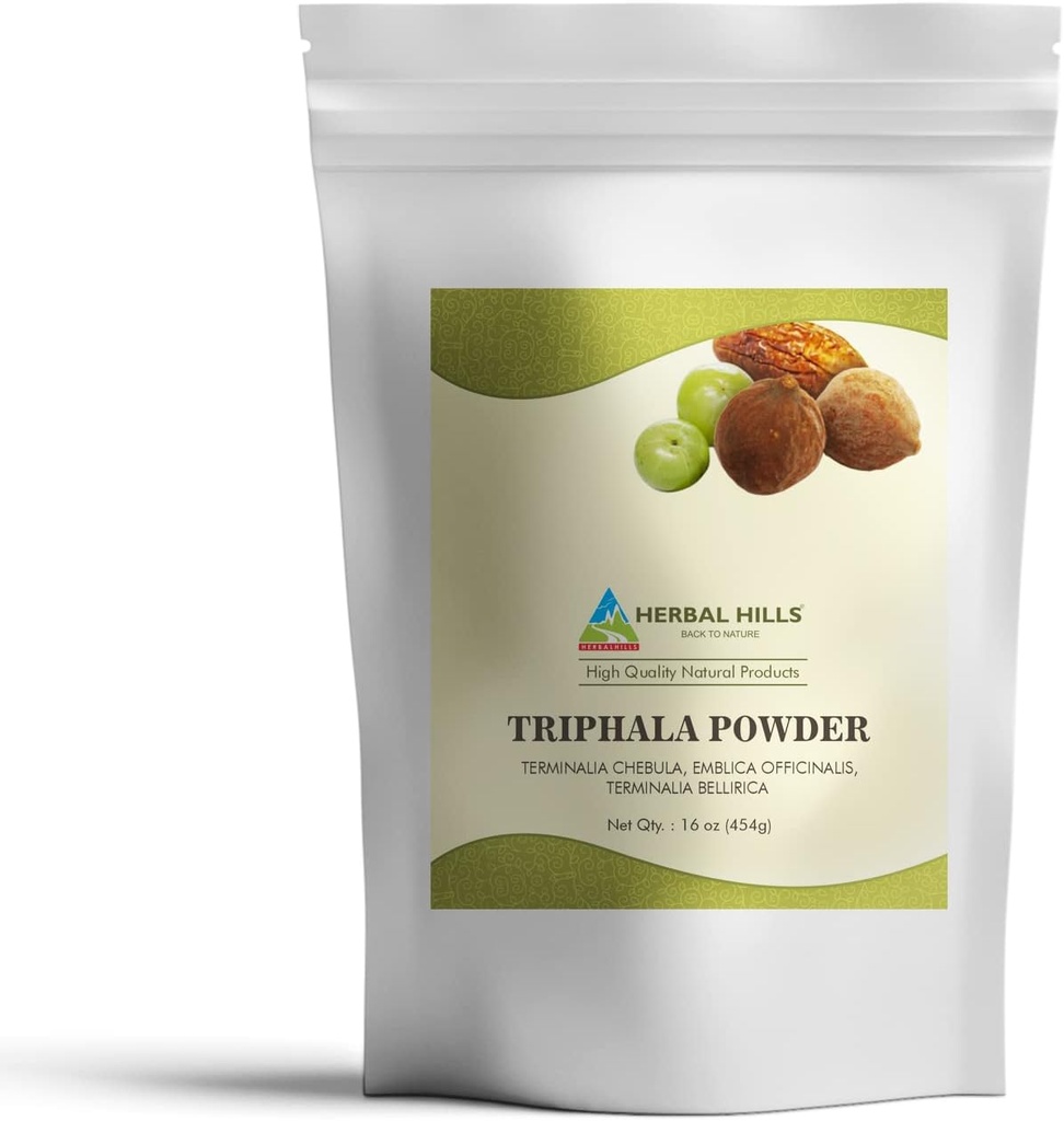 HERBAL HILLS Triphala 분말 | 16 Oz (454 GMS) | 암라 하리타키 공식 & Bibhitaki (1 파운드)