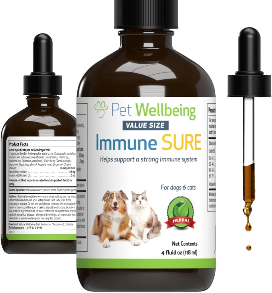 개를위한 애완 동물 웰빙 면역 확실한 - 정상 면역 방어, Gut Flora Balance, Andrographis, Echinacea, 비타민 C, 아연 지원 - 수의식 공식 초본 보충 4 oz (118 ml)