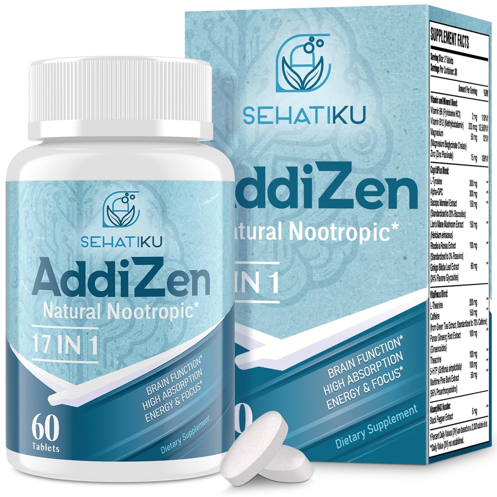 17-in-1 Brain Supplement for Memory and Focus | 뇌졸중, 에너지의 천연 Nootropics Brain Supplement | 고 흡수 | L-Theanine, Phytonutrient Blend and Vitamin B6, B12 | 60 정제