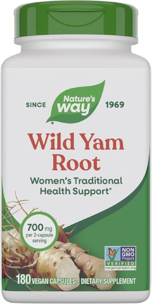 Nature 's Way Wild Yam Root, 여성 전통 건강 지원 *, 2 캡슐 서빙 당 700 mg, Non-GMO Project Verified, 180 Vegan 캡슐 (패키지 May Vary)