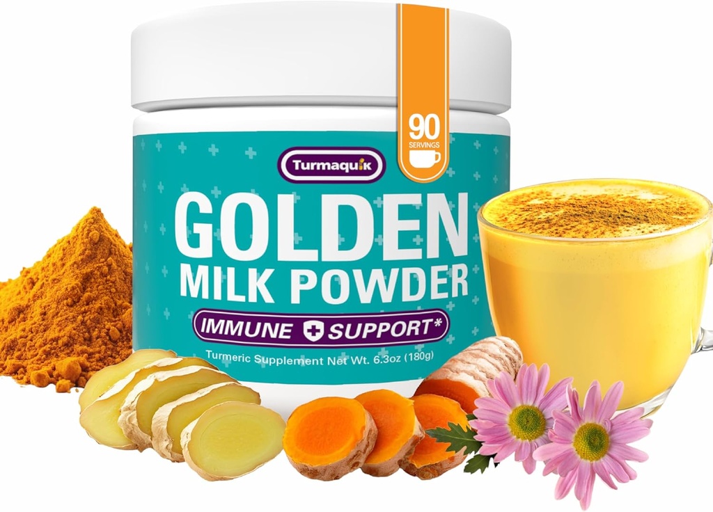 Turmaquik 유기 황금 우유 심황 분말, Immune 지원 + Ginger의 Superfood 혼합, 검은 후추, Curcumin, Cinnamon, Cardamom + 비타민 C, D, B6, B12, 아연 - 면역 부스트