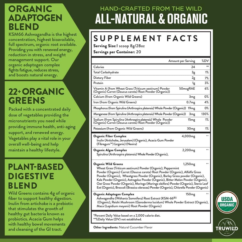 TruWild Greens Superfood Juice Powder, 22 + Greens & Anti-Oxidants, Natural Immune, 스트레스, 소화 지원 분말, 90 서빙, 3 팩