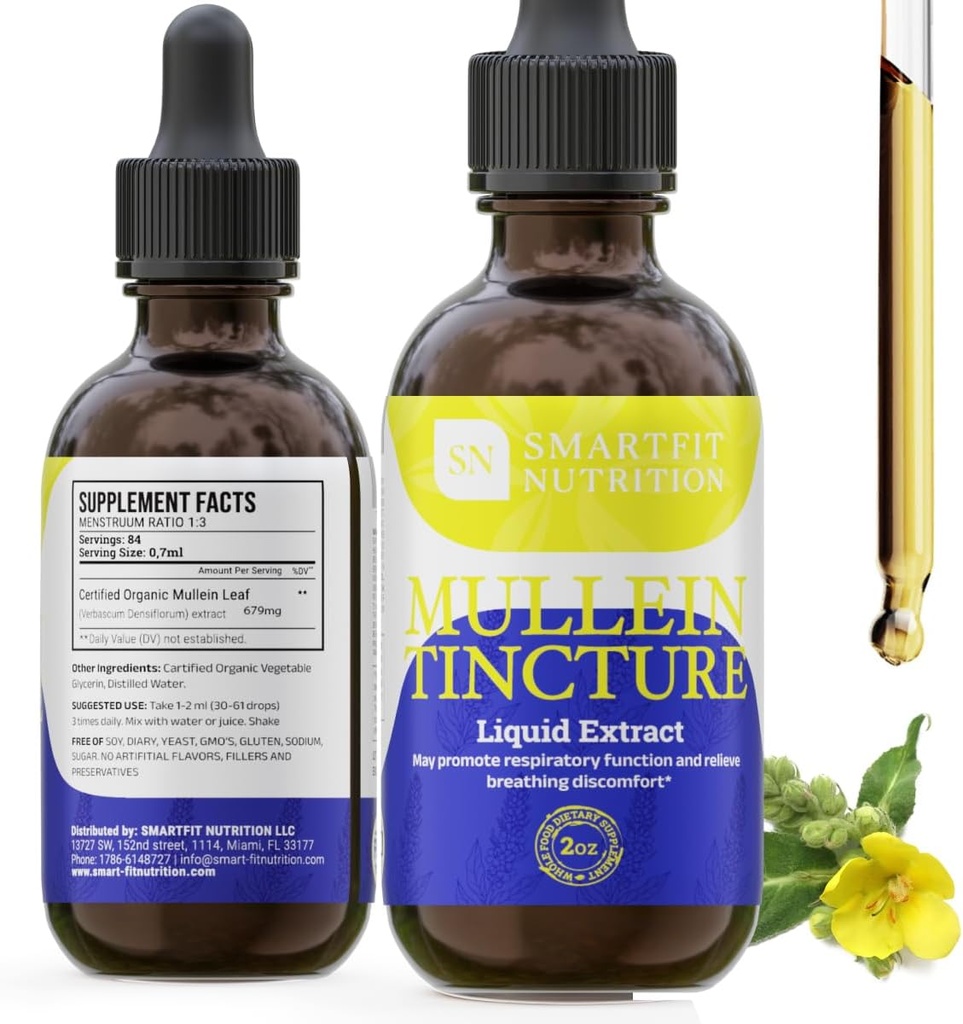 Mullein 잎 추출물 - Mullein Drops - Lung Cleanse - 호흡 시스템 지원 및 건강한 Mucous 막을위한 보충 - Verbascum Densiflorum - 2 oz