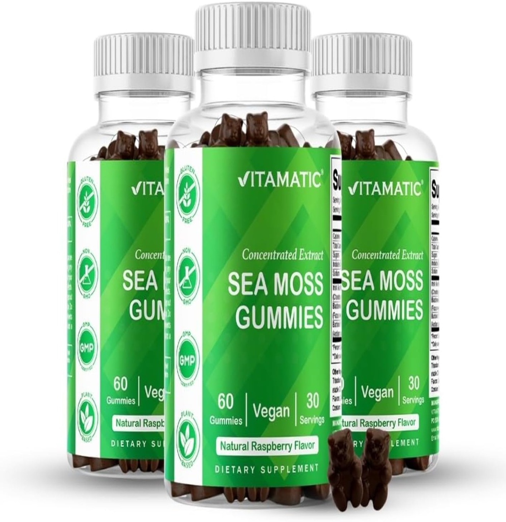 Vitamatic 3 팩 아일랜드어 바다 Moss Gummies- 3000mg는 서빙 당 동등합니다 ( 추출물 132.5 mg에서) - 60 Ct - Bladderwrack & Burdock 뿌리로 만드는 - Thyroid, 에너지, 면역 지원을위한 Seamoss 보충