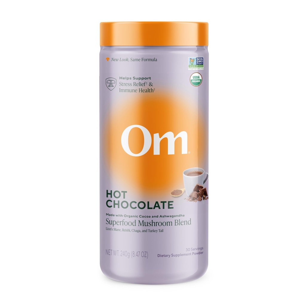 OM MUSHROOM SUPERFOOD 핫 초콜릿 블렌드 - 사자 Mane, Reishi, Chaga 및 터키 꼬리와 네덜란드 코코아 - 초점, Calm 및 스트레스 완화 지원 - 2g Sugar, 25 Calories - 8.47 oz Canister (30 서빙)
