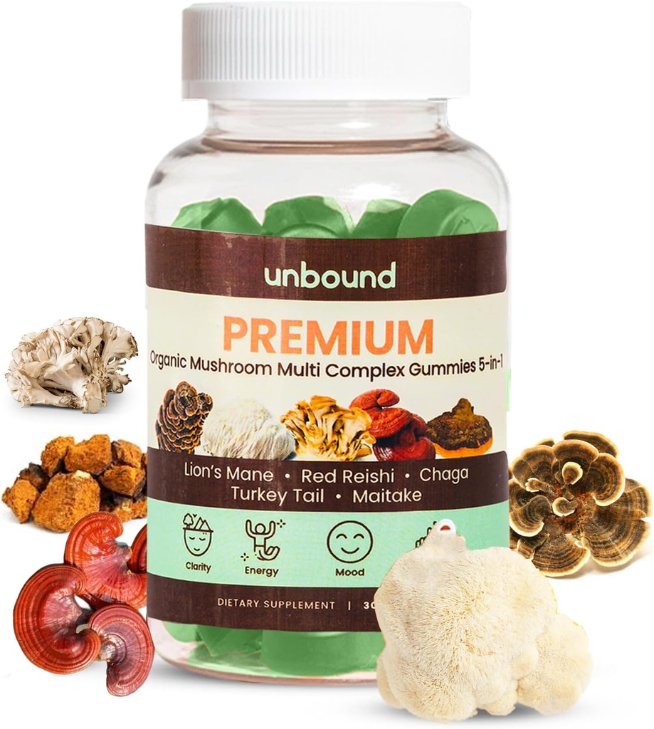 Unbound Premium Organic Mushroom Multi-Complex Gummies for Support Memory 5 in 1, Chaga, Lion's Mane, Reishi, Turkey Tail, Maitake - 60 Gummies와 혼합
