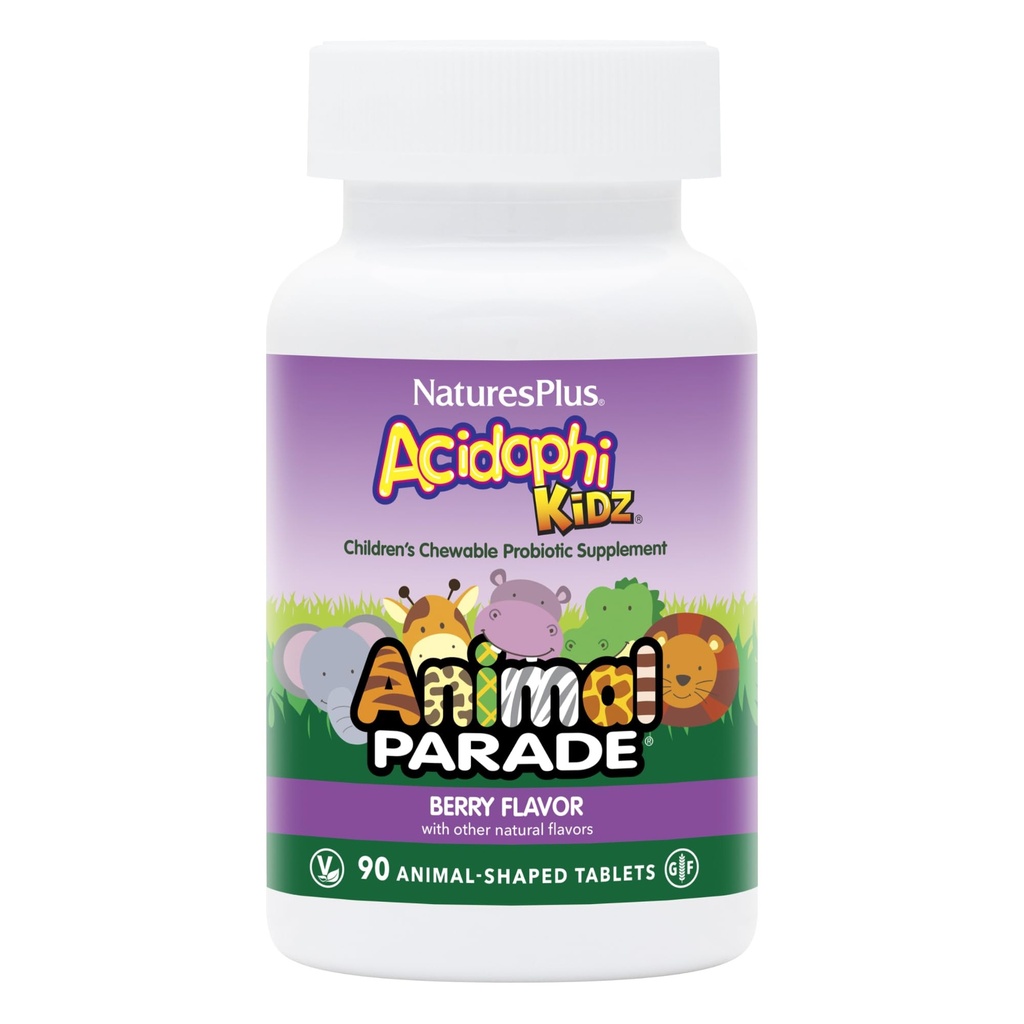 NaturesPlus Animal Parade AcidophiKidz, Berry flavor - 90 Chewable, Animal-Shaped Tablets - Probiotics, FOS 및 Grape Seed와 함께 2 팩 - 180 총 서빙
