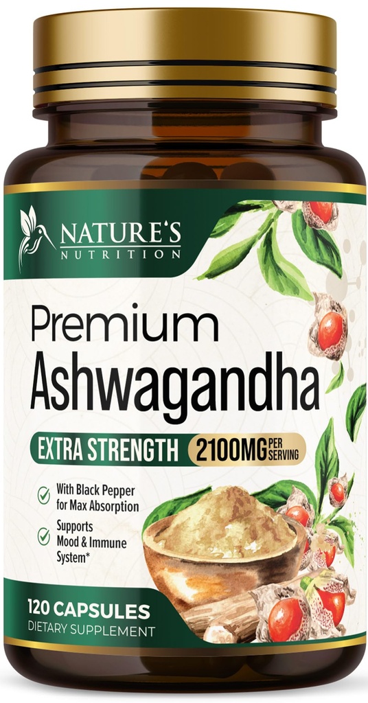 Ashwagandha 보충 교재 - 여성 & 남자를 위한 2100mg Ashwagandha 캡슐, 자연적인 산화 방지제 지원, 아스화 뿌리 추출물, 까만 고추, Vegan & 글루텐을 가진 여분 힘 캘름 지원 - 120의 캡슐