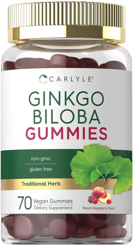 Carlyle Ginkgo Biloba 300mg | 70 Gummies | 45:1 잎 추출물 | 복숭아 라즈베리 맛 | Vegan, Non-GMO, 글루텐 무료 보충