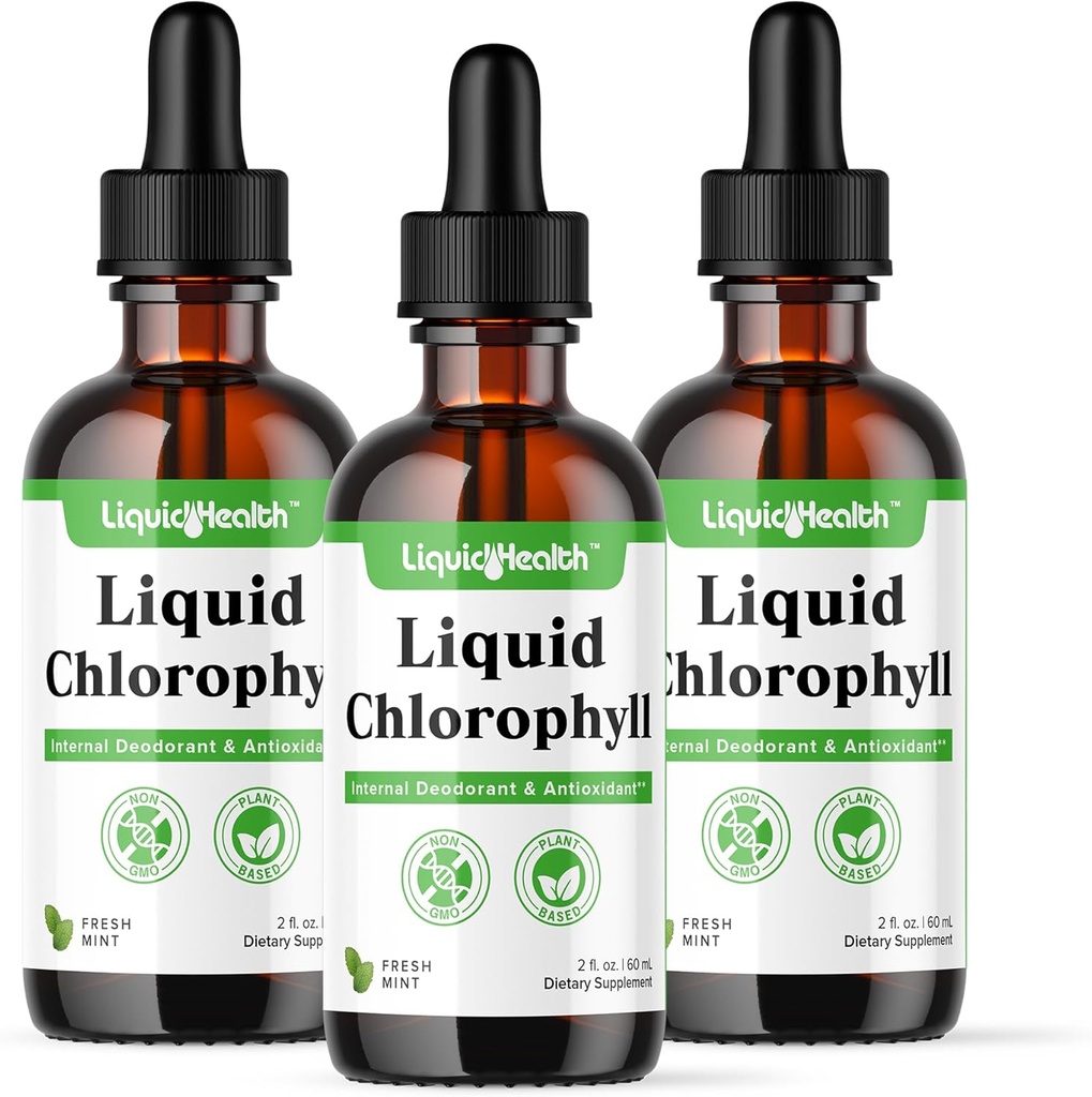 액체 클로로필 하락 - 내부 탈취제, 산화 방지제, 간결 Detox, 면역 지원, 나쁜 숨구멍, 감소 식욕, 머리 & 피부 건강을 위한 교원질 - Vegan, 비 GMO (3 팩)