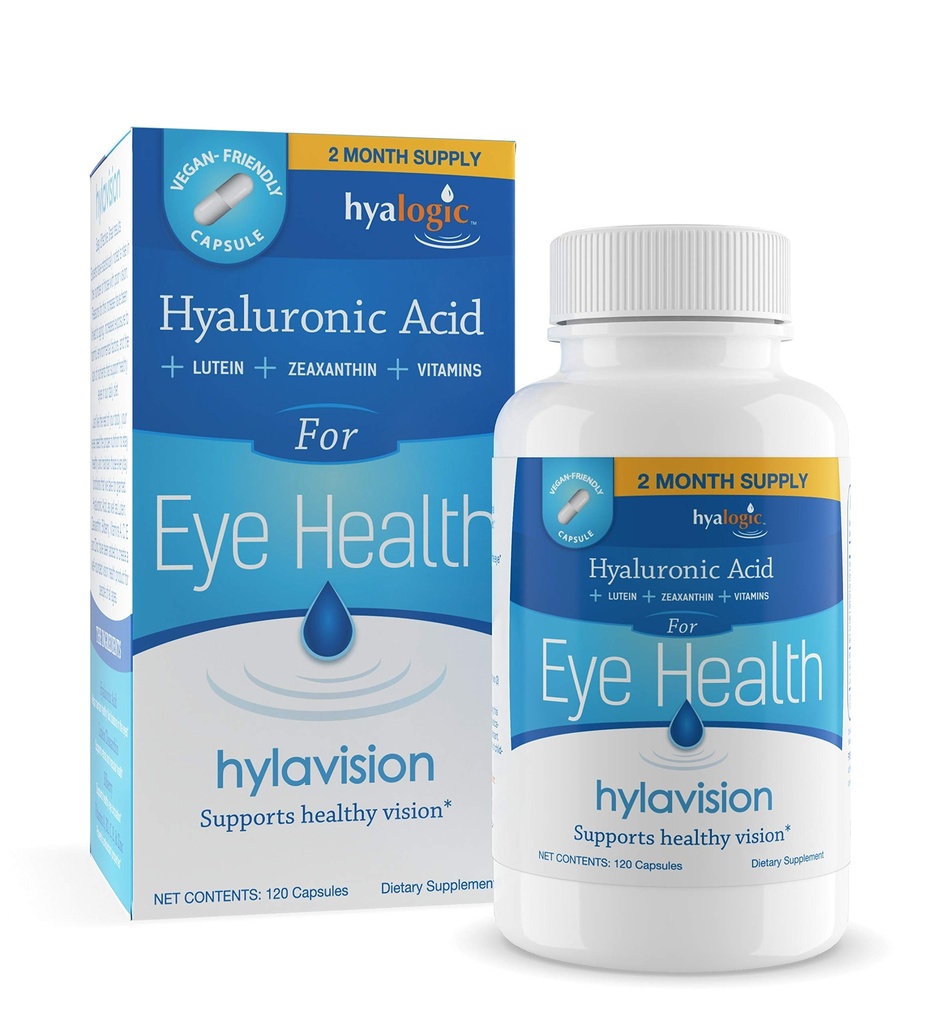 HylaVision Eye Health Supplements : Hyaluronic Acid, Lutein 및 Zeaxanthin Dietary 보조 식품 (120 캡슐) - Hyalogic의 Vegan 공식