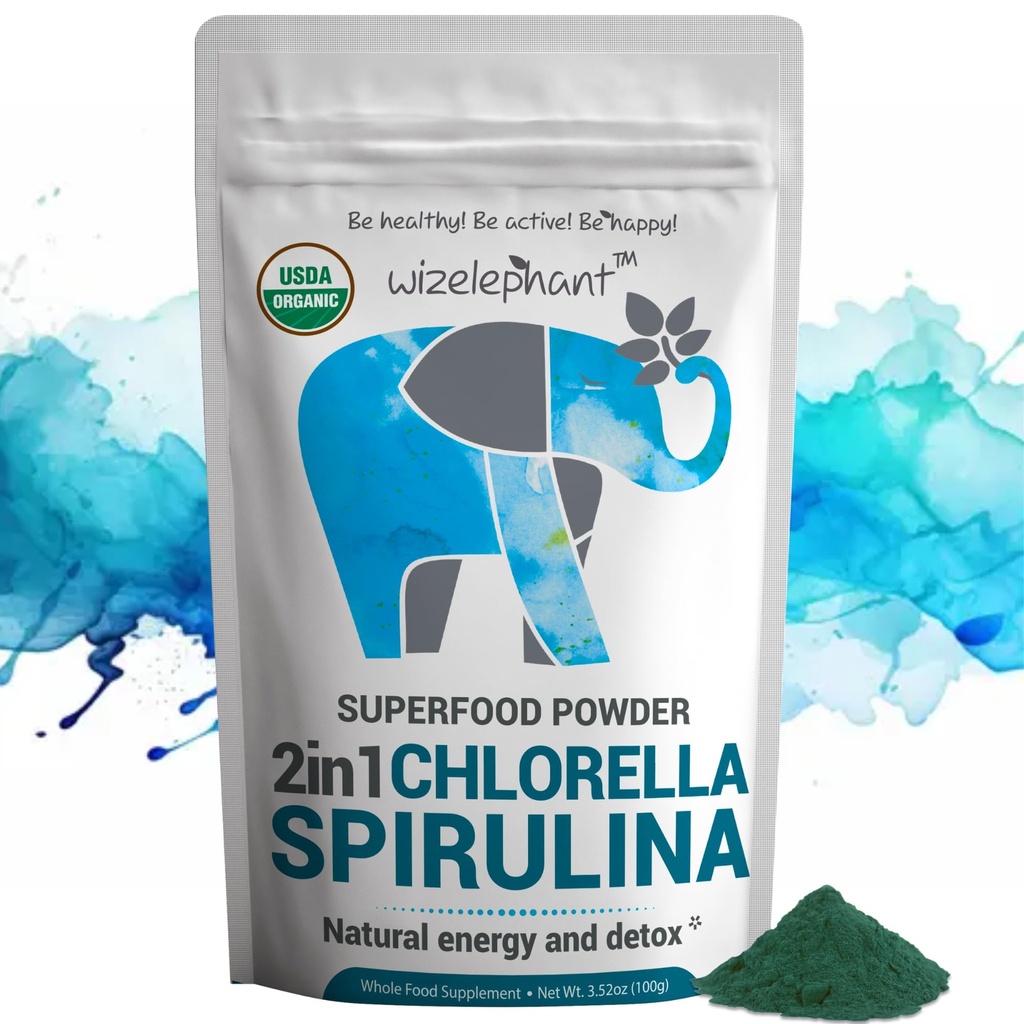 Chlorella Spirulina Powder Organic | 슈퍼 그린 파우더와 스무디 믹스 | 면역 지원 및 에너지에 대한 초록소의 풍부한 | Raw Vegan Protein | Spirulina Chlorella Powder | 50 인분
