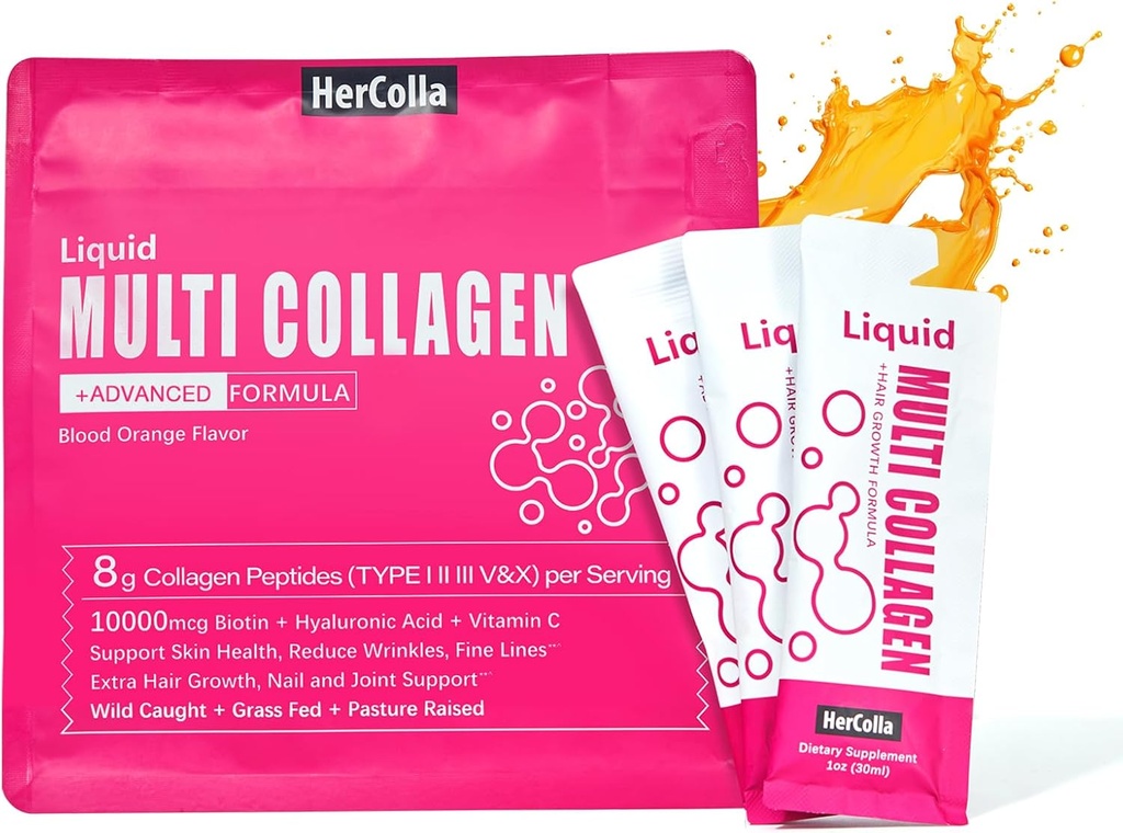 여자를 위한 액체 교원질, 10000mcg Biotin, 8000mg 다 유형 교원질 펩티드, Hyaluronic 산, 비타민 C, 피부, 못, 머리 보충교재, 주황색 풍미, 10 Fl oz. (1 팩, 오렌지)