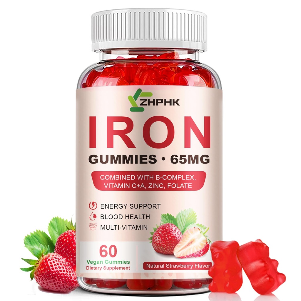 철 보충교재 Gummies, 65mg 철 및 여성 남자 아이를 위한 250mg 비타민 C, 비타민 A, B 복합체, Biotin, 아연 & Folate 에너지 지원 & 면역력, 60의 Gummies를 가진 자연적인 Vegan 철 거미