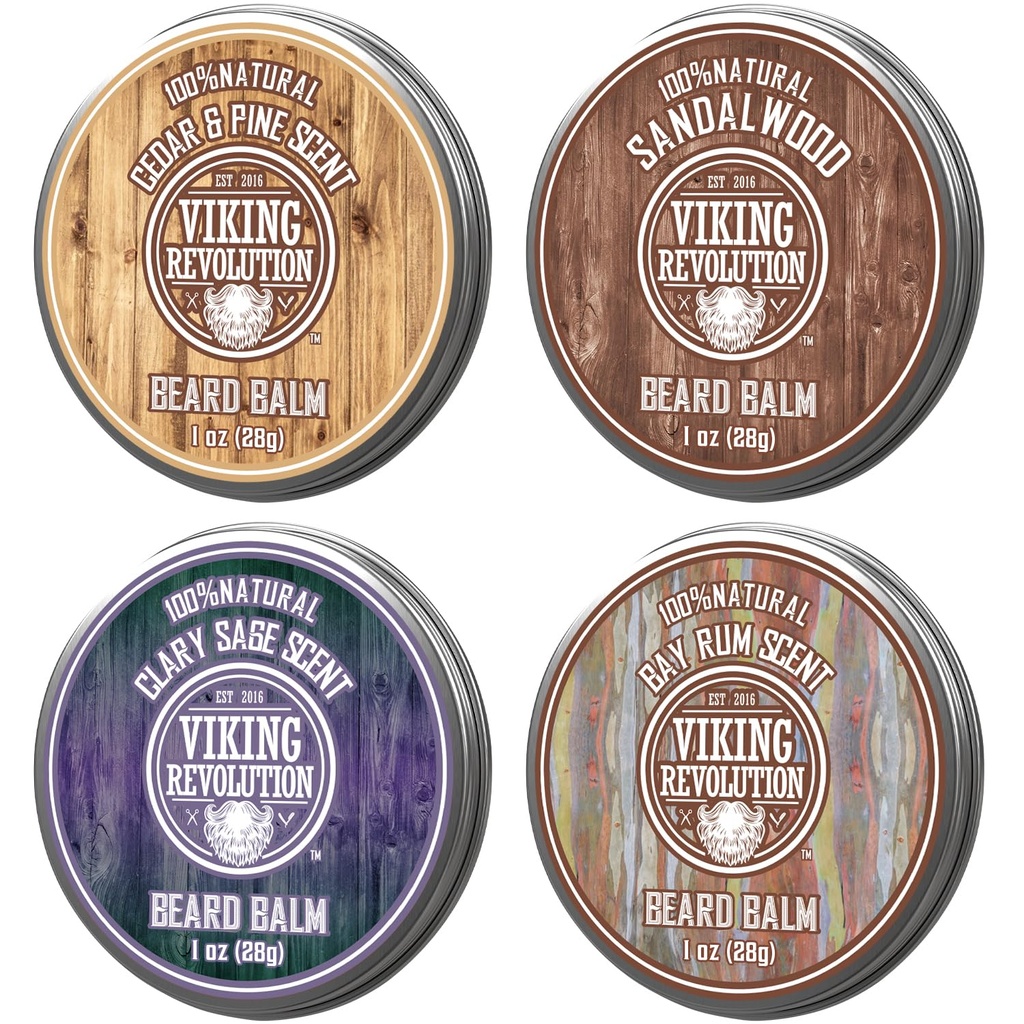 Viking Revolution 4 Beard Balm Variety Pack (1oz 각각의) - 샌들우드, 소나무 & 시더, 베이 럼, 클레리 Sage - 스타일, 강도 및 부드러움 곰과 무수 - 남성용 왁스