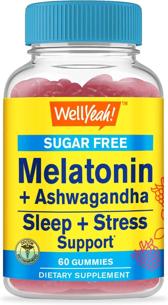 Ashwagandha (850mg) Sugar Free Gummies와 함께 WellYeah Melatonin (2mg) - 수면 및 스트레스 보조 보충 - Chamomile, Lemon Balm, Lavender 및 Valerian - 천연 소스 풍미 - 60 카운트