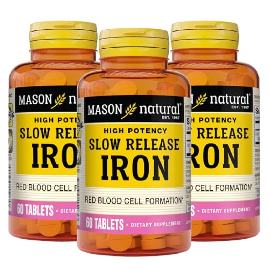 Mason 자연적인 느린, 윤활제 철 (철 황산염) 50 mg 정제, 180 일 공급, 높은 잠재력 보충교재, Stomach에 Gentle, 3 팩