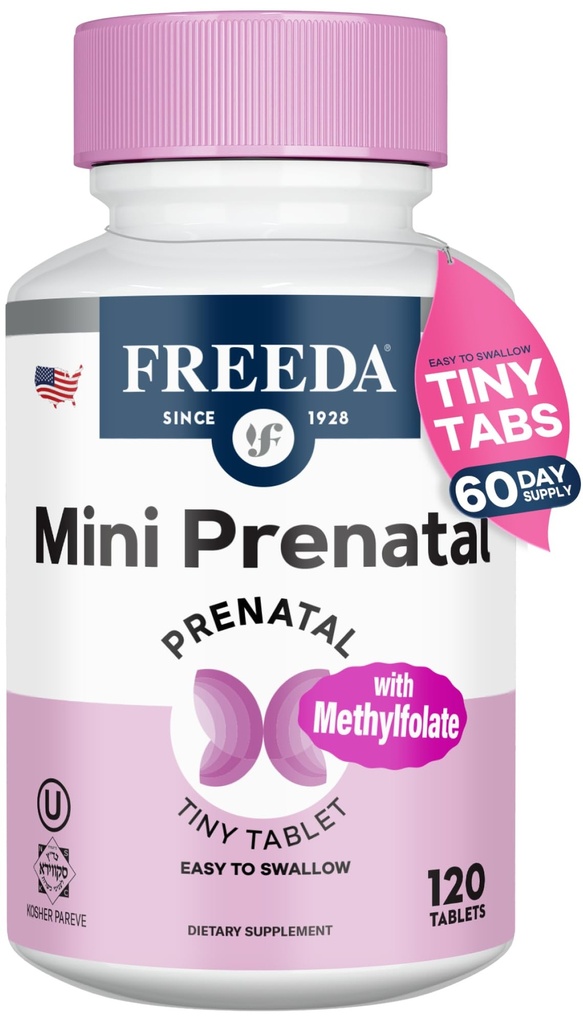 FREEDA Mini Prenatal Vitamin - Kosher Prenatals -Tiny Easy to Swallow Tablets - 철, Prenatal Folic Acid/Folate, 비타민 D - 임신 한 여성을위한 전 Natal Multivitamin (120)