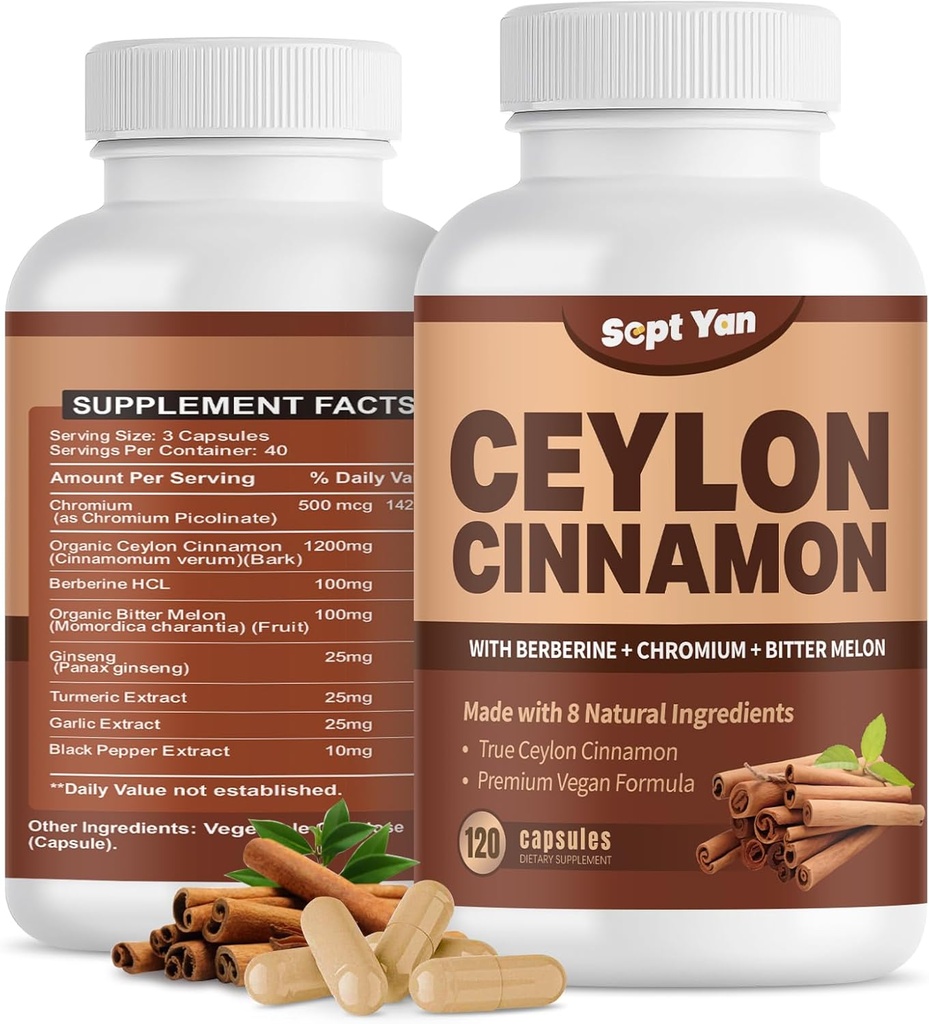 Ceylon Cinnamon 캡슐 1200mg Cinnamon Bark는 크롬, Berberine HCL & Turmeric, 채식주의자, 120의 캡슐, 에너지, 대사, 심장 & 면역 지원을 가진 보충교재를 보충합니다