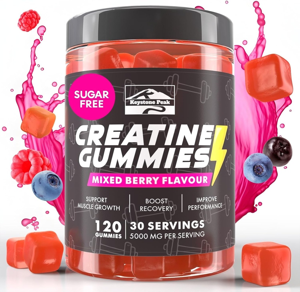 KP Creatine Monohydrate Gummies는 남자 & 여자를 위한 베리를, 100% Creatine 혼합 베리 Gummies, 서빙 당 5g + Vegan, 설탕 자유로운, 혼합 베리 + 힘, 에너지, 근육 & Booty 이익 - 120 조사 섞었습니다