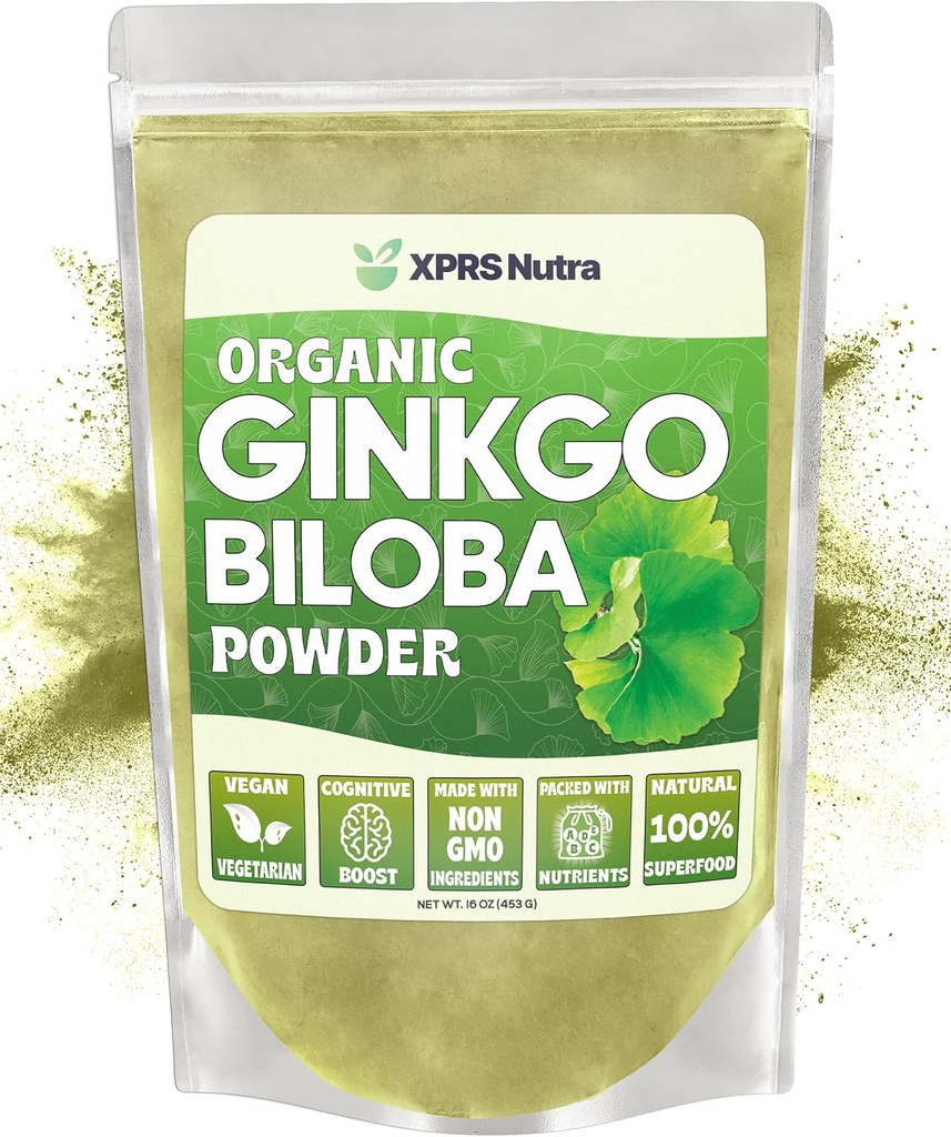 XPRS Nutra 유기 Ginkgo Biloba 분말 - Cognition을위한 Gingko Biloba 보충제 - Vegan Friendly Ginkoba Biloba 유기 - 면역 부스트 Ginkgo Biloba 분말 (16 oz)