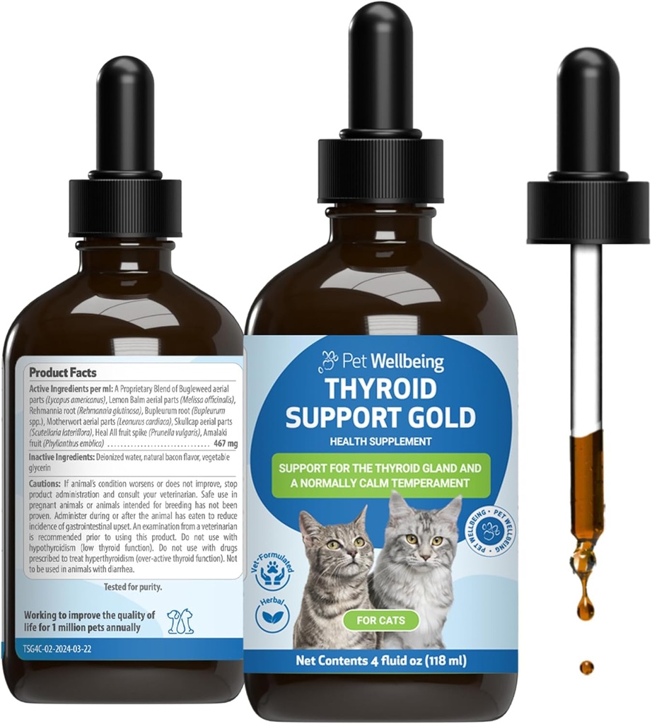 고양이를위한 애완 동물 웰빙 갑상선 지원 금 - 고양이의 건강한 갑상선 기능, 정상 대사, 벌레, 레몬 발름 - 수의식 공식화 초본 보충 4 fl oz (118 ml)