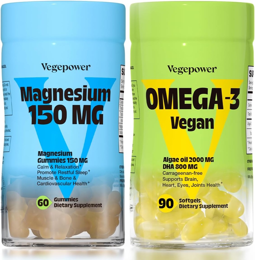 Vegan 오메가-3 + 마그네슘 구미 | 알게 오메가-3 800mg DHA 보조제 뇌, 심장 눈 건강- 90 조사 | 성인과 아이 캘림 수면을위한 150mg 마그네슘 시트레이트 구미, 휴식