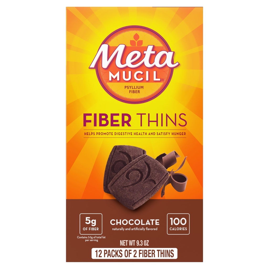 Metamucil 섬유 얇고, Psyllium Husk 섬유 보충, 소화 건강 지원 및 Satisfy Hunger, 초콜릿 맛, 12 서빙