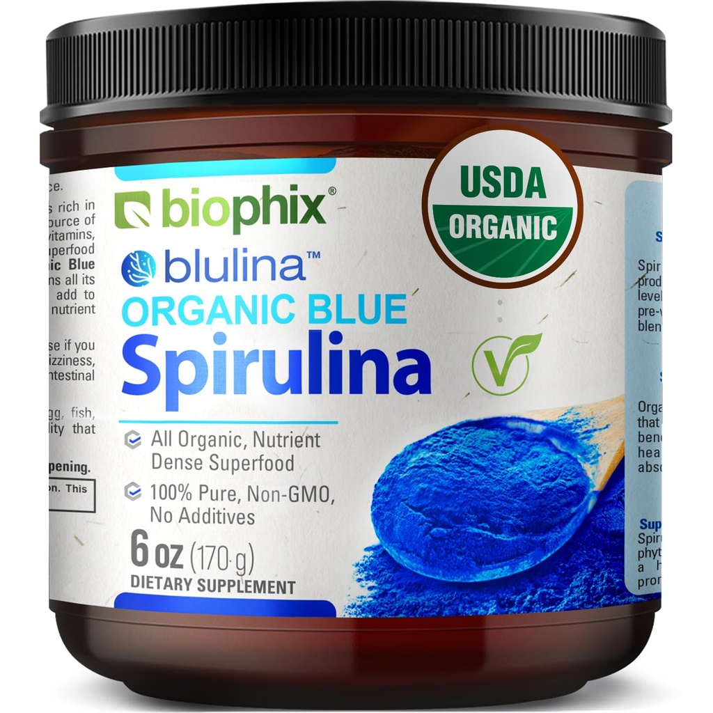 Biophix Blue Spirulina 분말 유기 Blulina 6 oz - 조류 유기 Spirulina 분말 170 서빙 - Superfood 보충교재 - 자연적인 파란 안료 - Espirulina en Polvo Organica Pura Azul