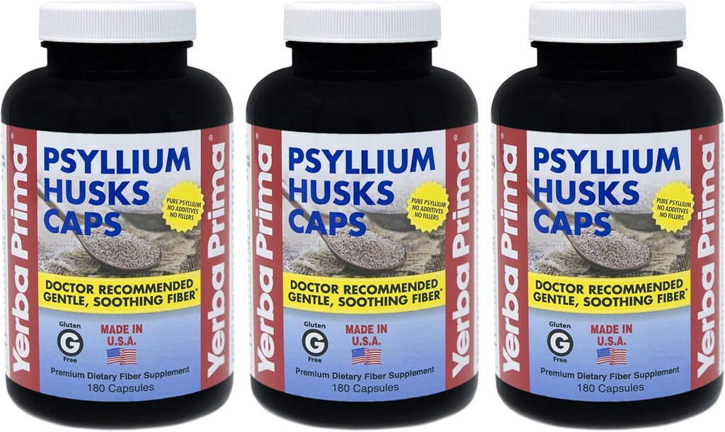 Yerba Prima Psyllium Husks Caps - 180 캡 (패치 3) - 천연 섬유 보충 - 콜론 클렌징 - 비 GMO 글루텐 무료