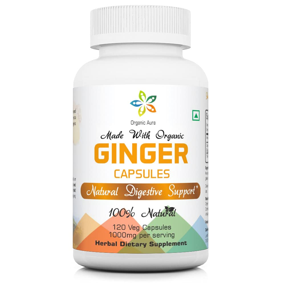 유기 아우라 생강 캡슐 - 120 Veg 캡슐. 2 개월 공급. Naturally Boosts Digestion, 완화 Stomach Upset 및 Immunity 개선. GMO 및 글루텐 없음.