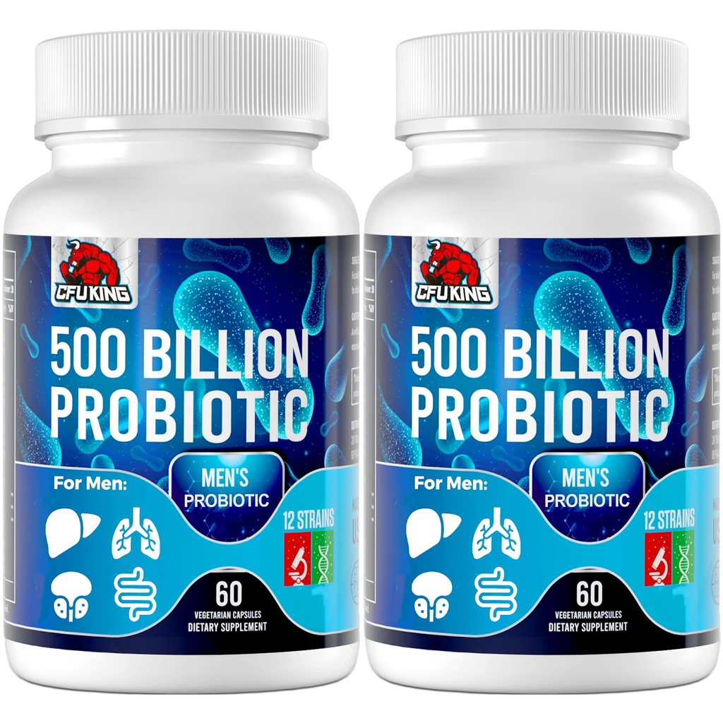남자, 500 억 CFU 및 소화 건강을 위한 12의 Mens Probiotics + 소화를 위한 4 유기 Prebiotic 섬유, Gut, 면역성 건강, bloating, 가스, 에너지 지원, 선반 안정 - 120의 캡슐