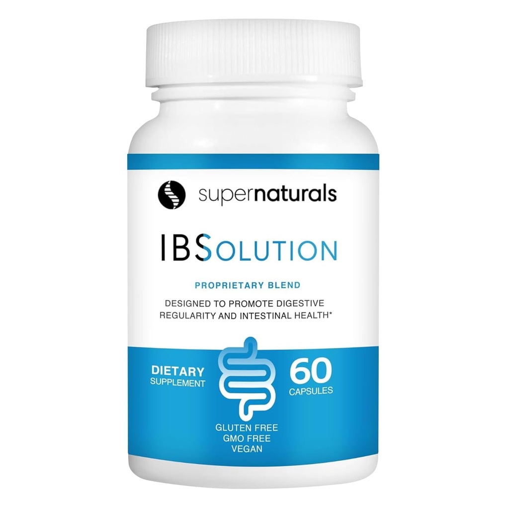 SuperNaturals IBSolution - 미국, 비 GMO, 글루텐 무료 & Vegan (60 캡슐) - Psyllium Husk - 가스, Bloating, Diarrhea, 변비 완화, 복부 통증을 가진 소화 Gut 건강 보충교재