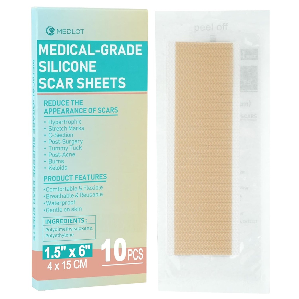 실리콘 흉터 장, 10pcs의 흉터 처리를 위한 실리콘 테이프, 외과, C 단면도, Keloid 범프, 스트레치 마크, 화상, 여드름 흉터 제거, 각 1.5" x 6"를 위한 재사용할 수 있는 흉터 지구