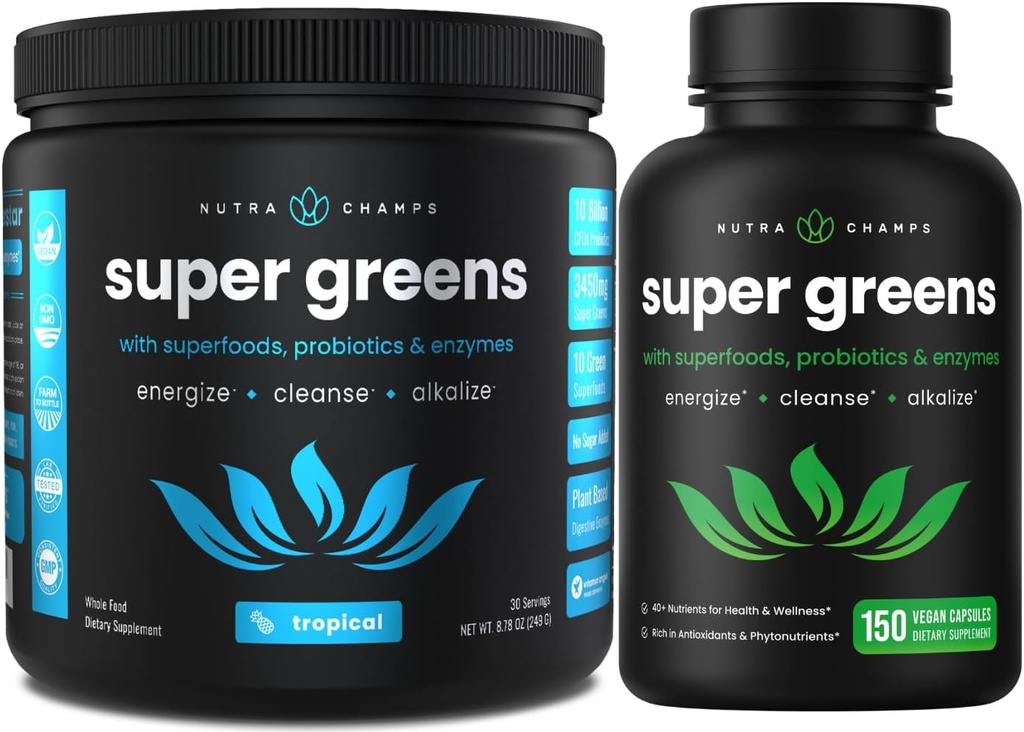 NutraChamps Tropical 슈퍼 그린 파우더 & 슈퍼 그린 캡슐