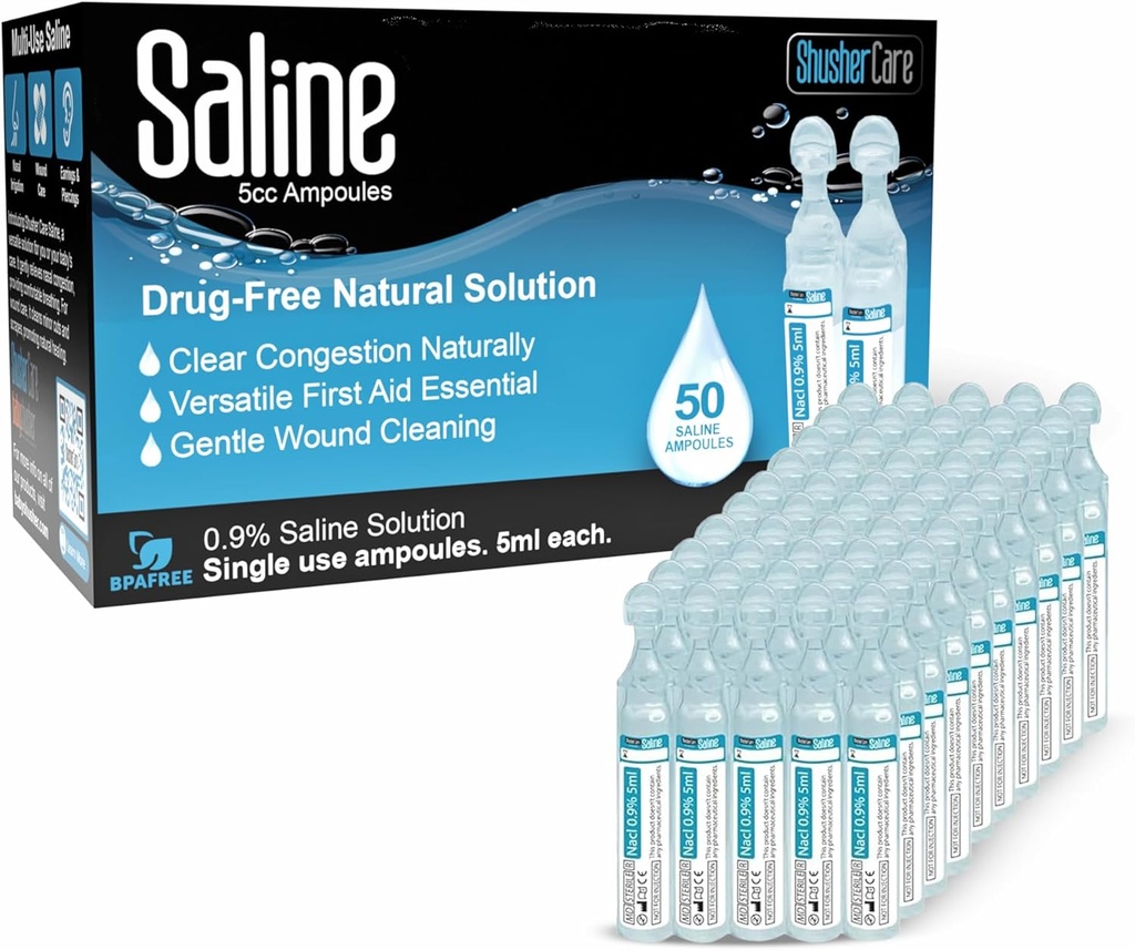 Saline Ampoules - 분무기, 나트륨 염화물 0.9%, 아기, 아이, & 성인을 위한 Nasal 정화, 메마른 Nasal 배려, 부상 청소 - 50 조사 (5ml 각각)를 위한 Saline 해결책
