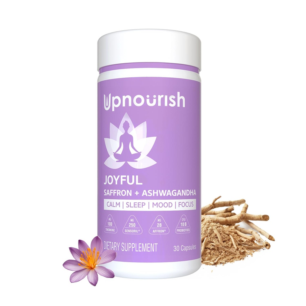 UpNourish Organic Ashwagandha Saffron 보충제 - 스트레스 완화, 무드 강화제, Calm Happy Pills Support Fatigue Focus Clarity with L-Theanine, Rhodiola, 30 Vegan 캡슐