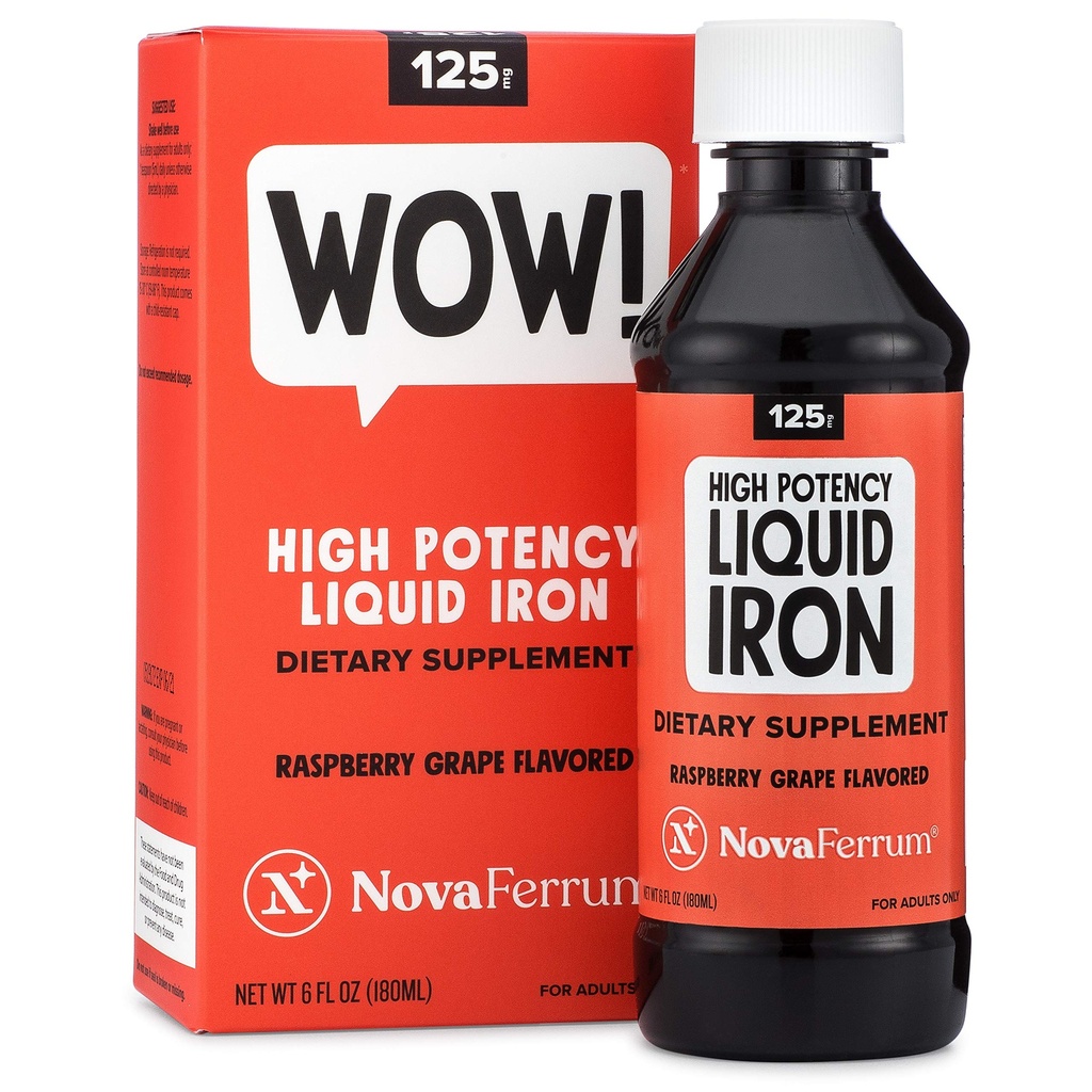 NovaFerrum 와우, 125 성인, 철 결핍, 5mL 복용량 당 철 125mg, Vegan Verified, 글루텐 무료 인증, 설탕 무료