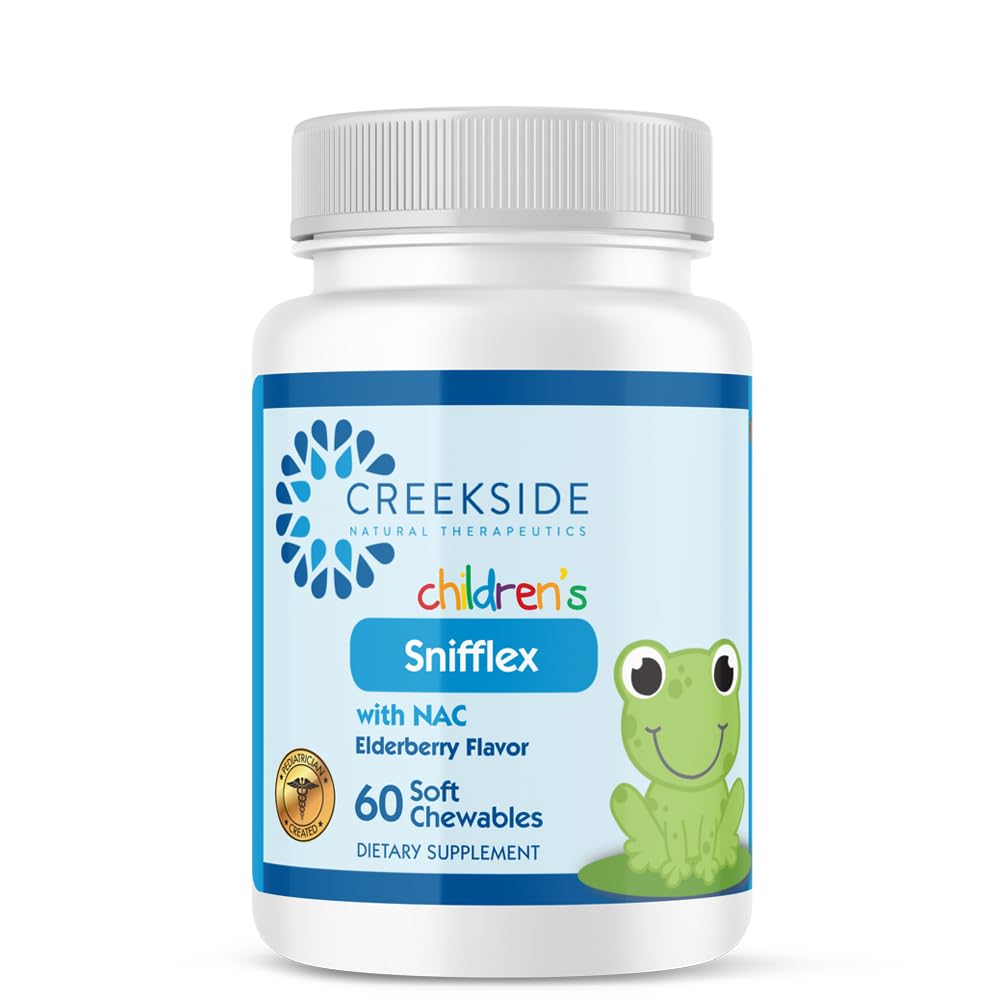 Creekside Naturals Snifflex, 어린이 Sinus & Respiratory Support, Immune Health, Pediatrician은 NAC, Quercetin & Bromelain, Zero Sugar, Vegan, 60 Soft Chewables로 공식화되었습니다.