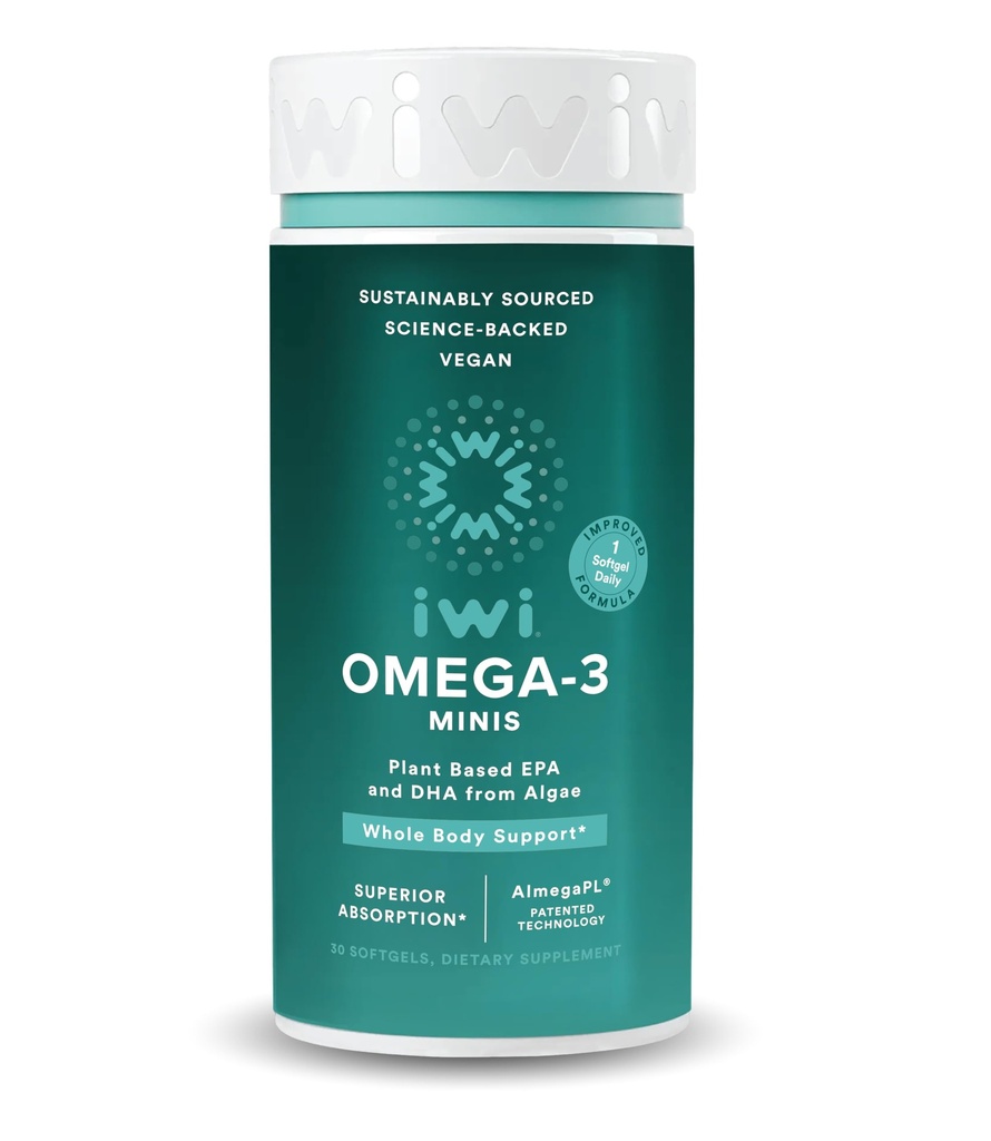 Iwi Omega-3 Mini Softgels (30 서빙), 삼키기, EPA + DHA와 식물 기반 조류 오메가 3, 전체 바디 지원 Dietary Supplement, Krill & Fish Oil Alternative, No Fishy Aftertaste