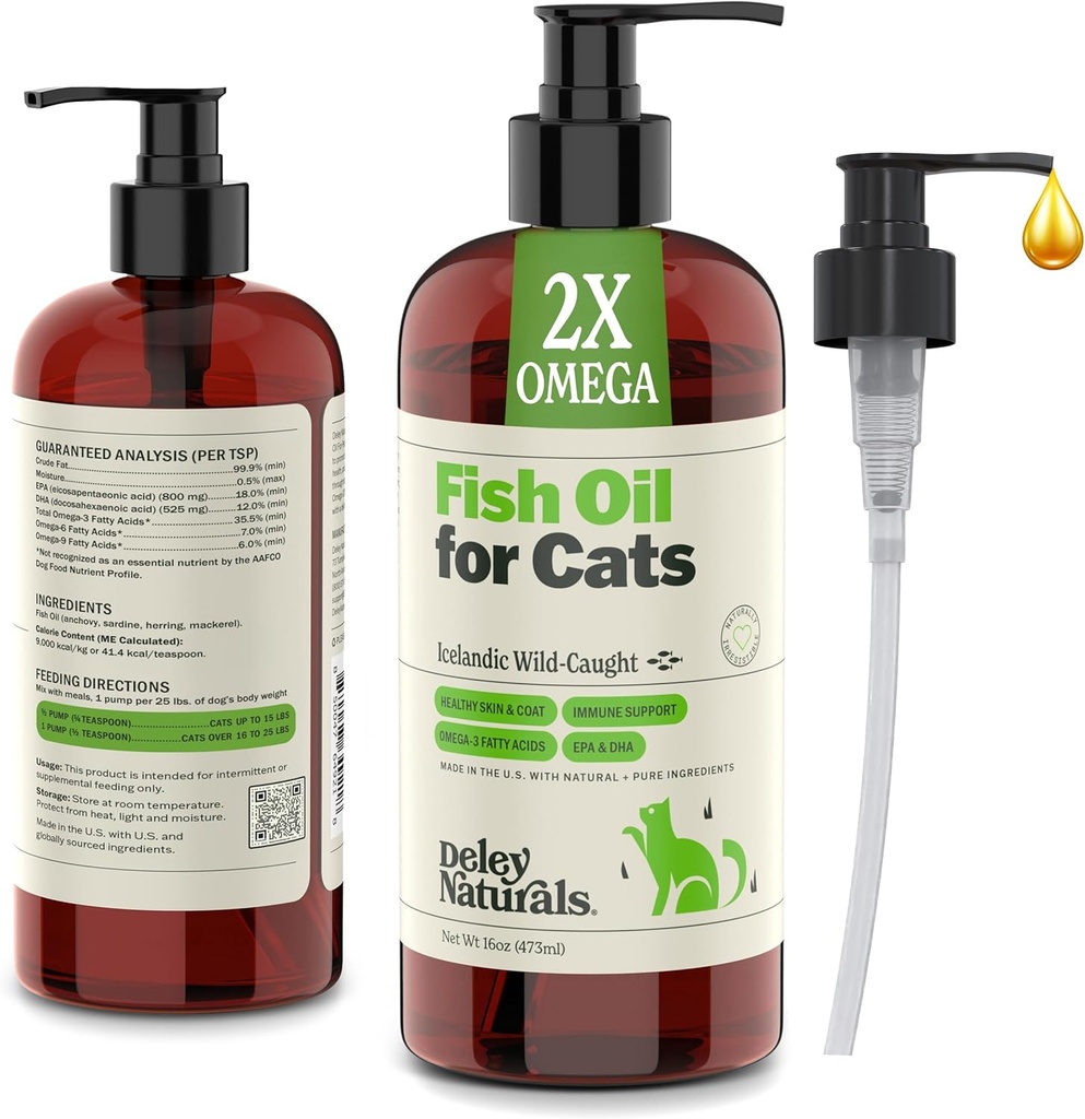 Deley Naturals Wild Caught Fish Oil for Cats with 2X Omega - 가장 높은 EPA 및 DHA Potency가있는 Cat Fish Oil - Shedding, Skin, Coat, Joint, Heart 및 Immune System을위한 오메가 3