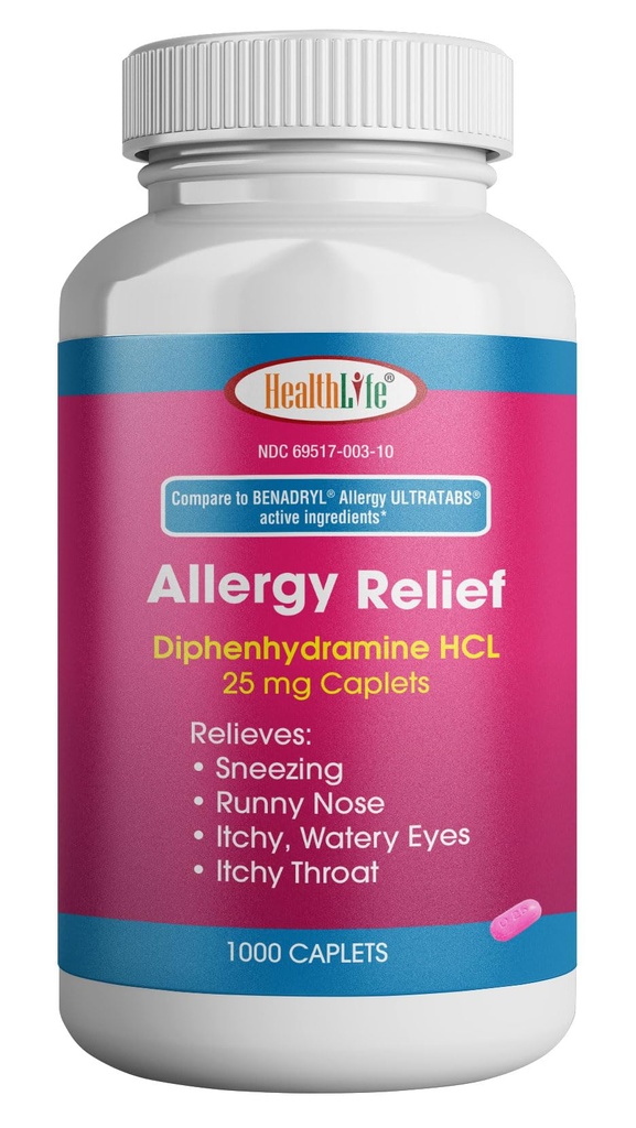 건강 LFE 알레르기 완화, 의학 Diphenhydramine HCl 모자, 25 mg | 어린이 및 성인 | 구호, Runny Nose, Hay Fever Symptoms, Itchy Eyes and Throat (대형, 1000 카운트)