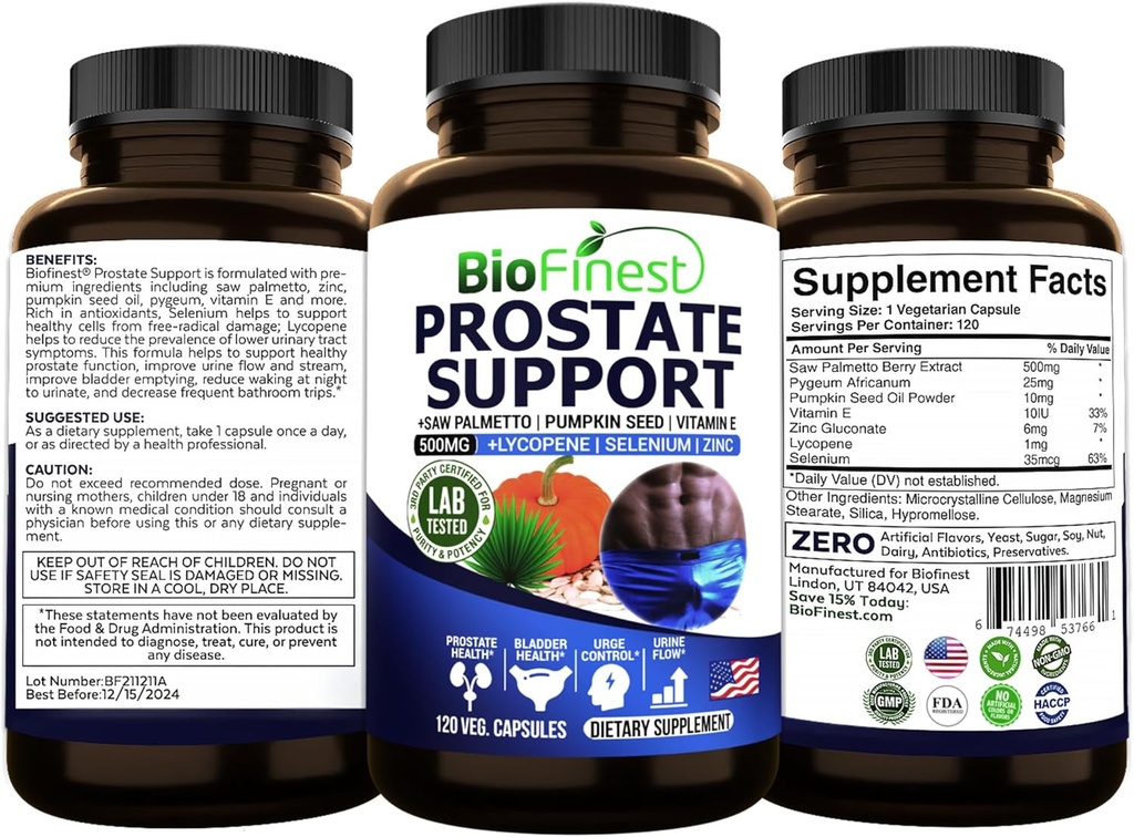 남자에 대 한 BioFinest 전립선 지원 - 톱 Palmetto Lycopene 호박 씨앗 Pygeum 아연 셀레늄 - 건강한 소변 흐름 Bladder 전립선 비타민 보충 - 미국에서 만든 (120 Veg. 캡슐)